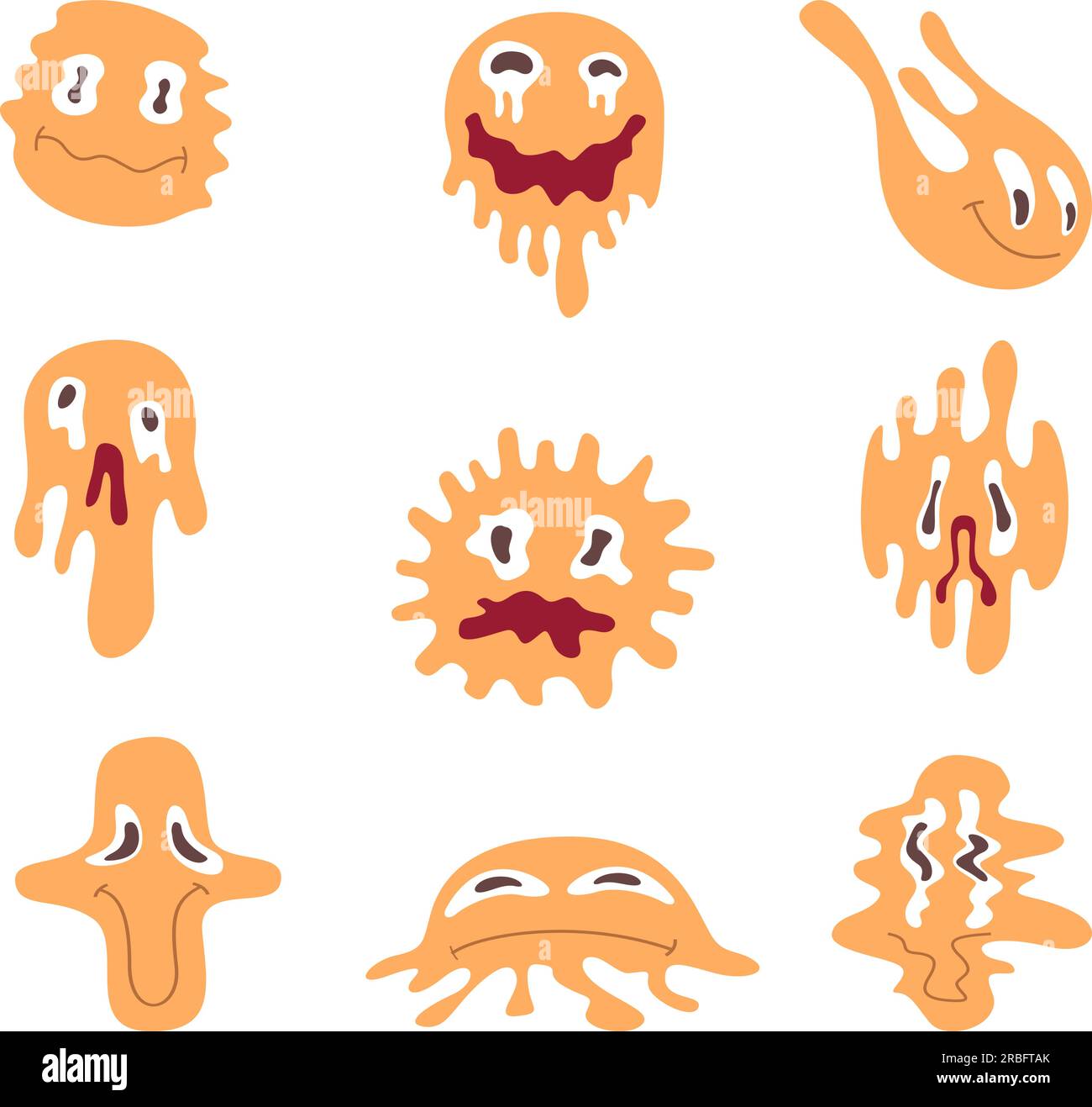 Verzerrtes Lächeln. Lustige fallende Emoticons und flüssige, exakte Vektoren abstrakte Emojis im Cartoon-Stil Stock Vektor