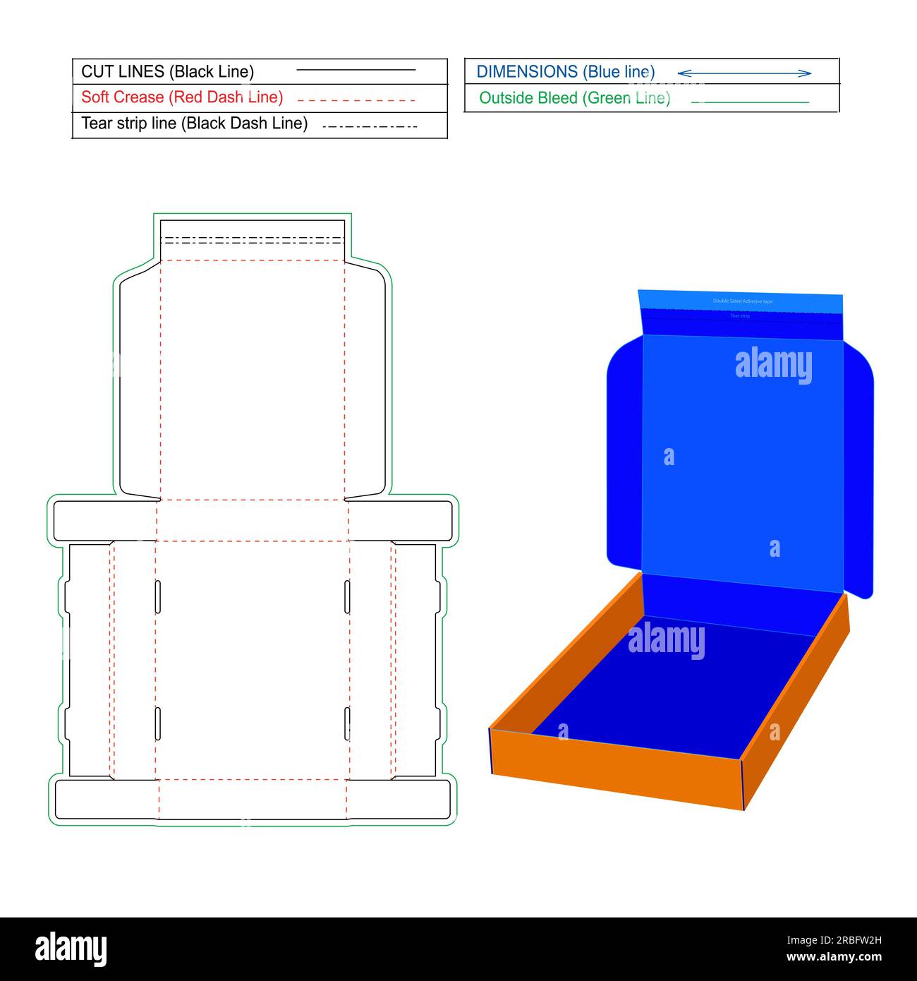 Kundenspezifischer Versandkarton mit doppelseitigem Klebeband auf der Versandkarton mit Drucklinienvorlage und 3D-Rendering für Abonnements Stock Vektor