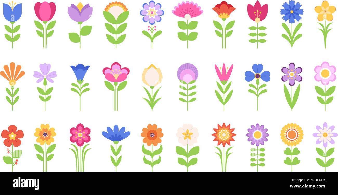 Dekorative isolierte Blumensymbole, Blütenblüten mit grünen Blättern. Gartenpiktogramm, farbige Blumensymbole. Zeitgenössischer Vektor-Clipart Stock Vektor
