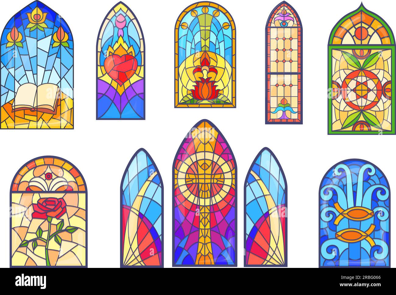 Buntglas aus der Kirche. Buntgläser Fenster mit gotischen Tempeln oder der europakathedrale, Fenster mit Bogenmosaiken und gekreuzten Rosen, religiöse Architektur, ordentliche Vektorgrafik Stock-Vektorgrafik