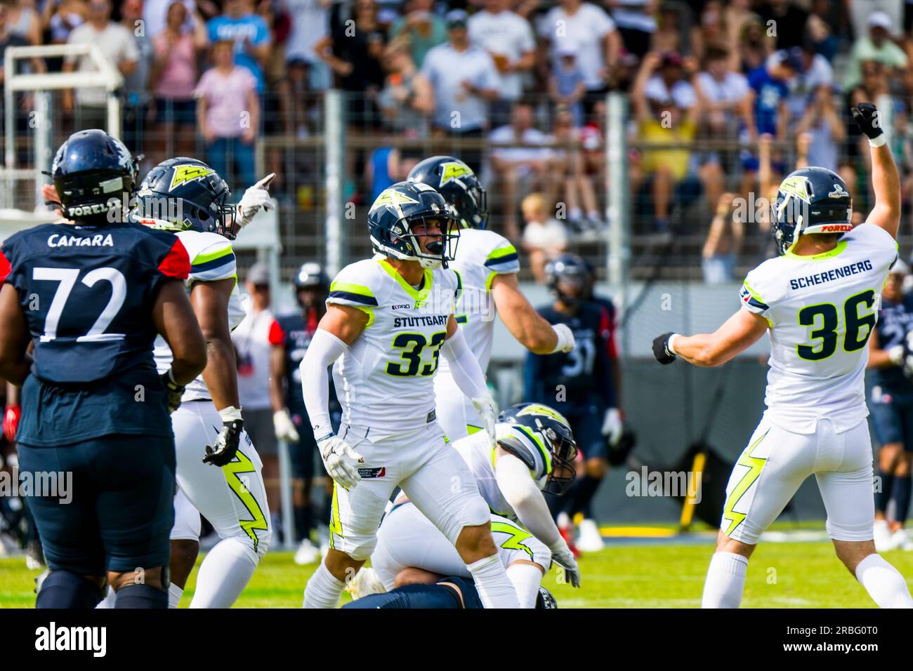 European League of Football, elf/Game : Paris Musketiere bei Stuttgart Surge am Juli. 09. 2023 , im Gazi-Stadion , Stuttgart , Deutschland Stuttgart Surge - DB # 33 Ben Wenzler Stockfoto