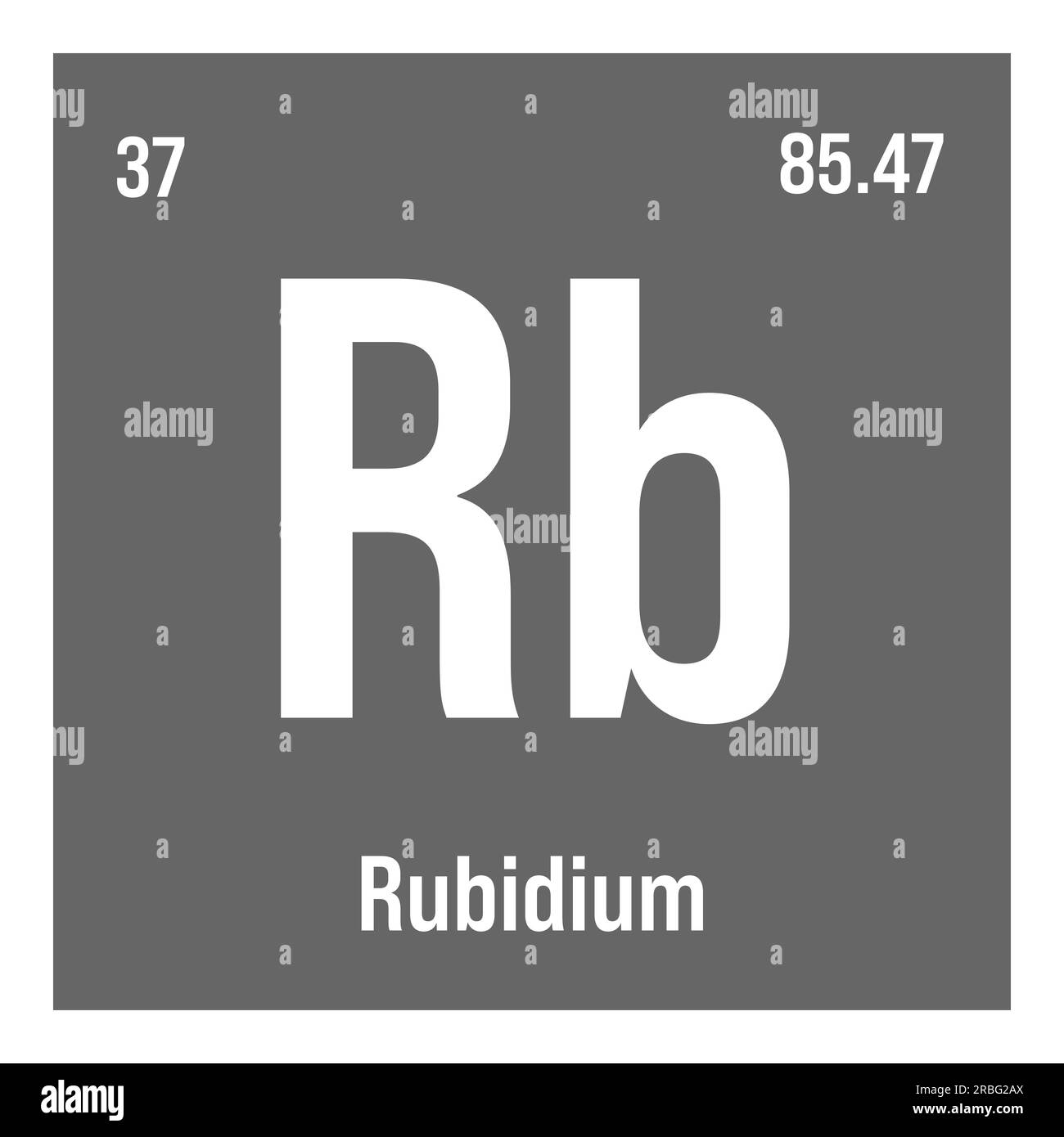 Rubidium, RB, Periodenelement mit Name, Symbol, Atomzahl und Gewicht. Alkalimetall mit verschiedenen industriellen Verwendungszwecken, z. B. in bestimmten Glasarten, und als Bestandteil bestimmter Feuerwerkskörper. Stock Vektor