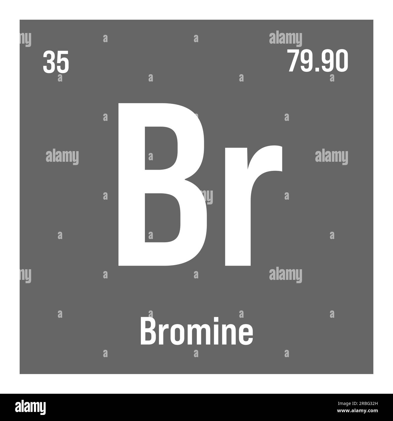 Brom, Br, Periodenelement mit Name, Symbol, Atomzahl und Gewicht. Halogen für verschiedene industrielle Anwendungen, z. B. in Flammschutzmitteln, Wasseraufbereitung und als Begasungsmittel in der Landwirtschaft. Stock Vektor