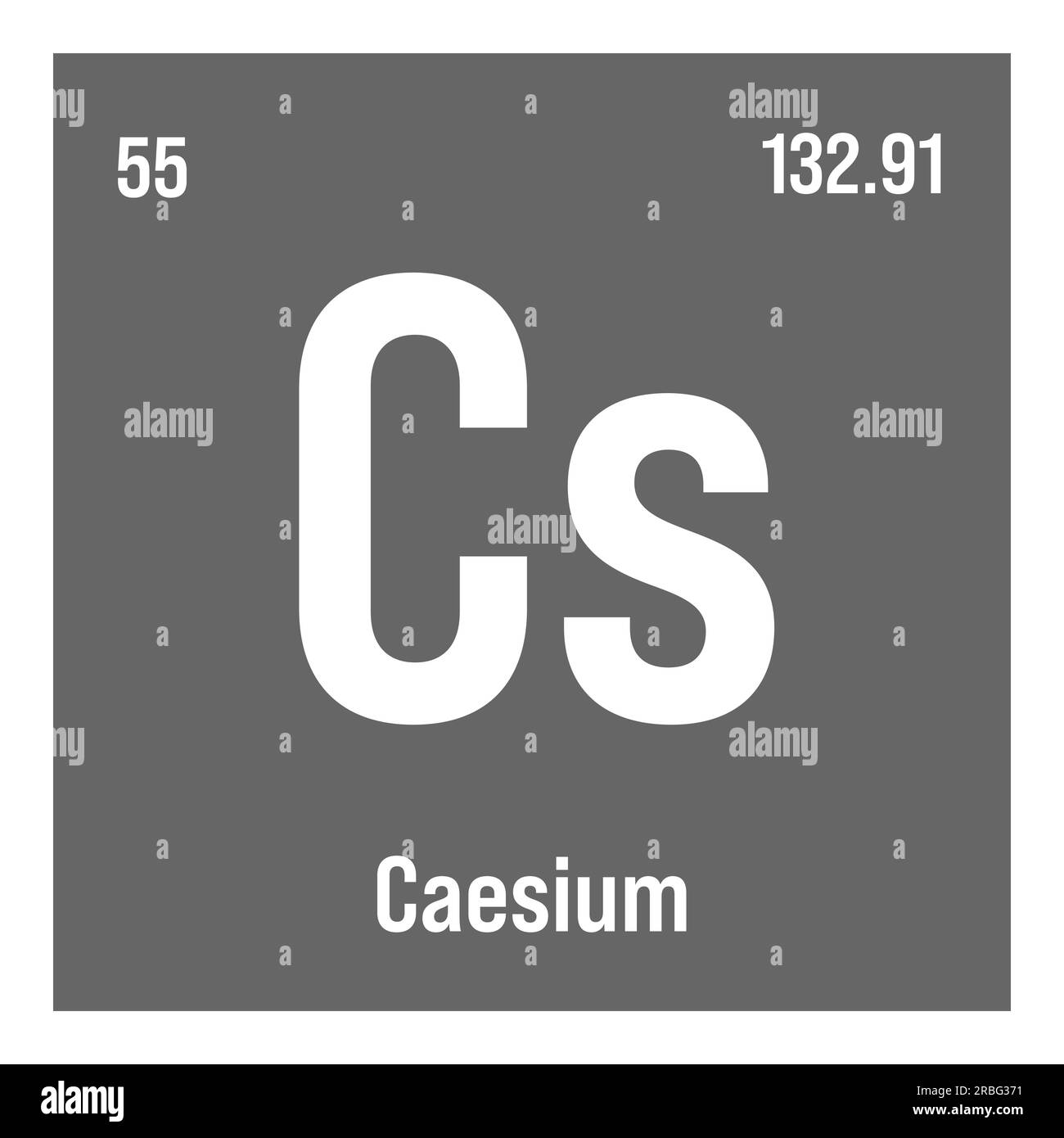 Caesium, Cs, Periodenelement mit Name, Symbol, Atomzahl und Gewicht. Alkalimetall mit begrenzten industriellen Verwendungen, wird aber häufig in Atomuhren und als Quelle von Gammastrahlung für medizinische Bildgebung verwendet. Stock Vektor