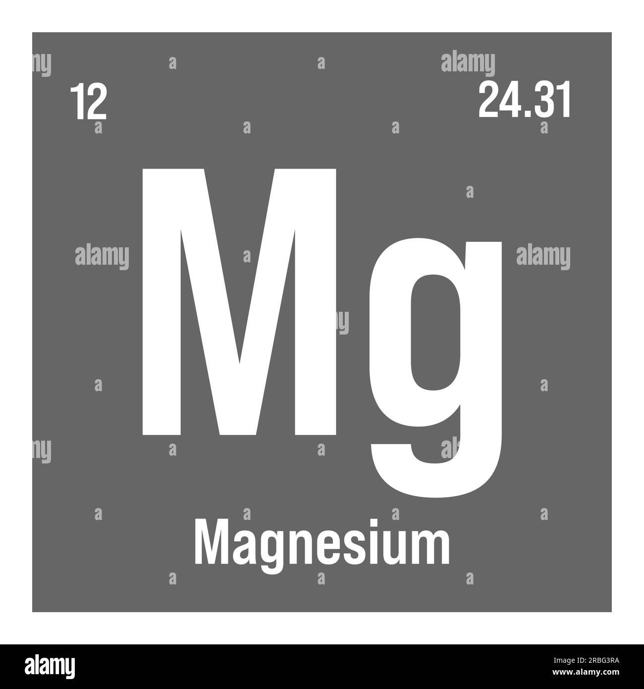 Magnesium, mg, Periodenelement mit Name, Symbol, Atomzahl und Gewicht. Erdalkalimetall mit verschiedenen industriellen Verwendungszwecken, z. B. in Legierungen, im Bauwesen und als Bestandteil bestimmter Medikamente. Stock Vektor