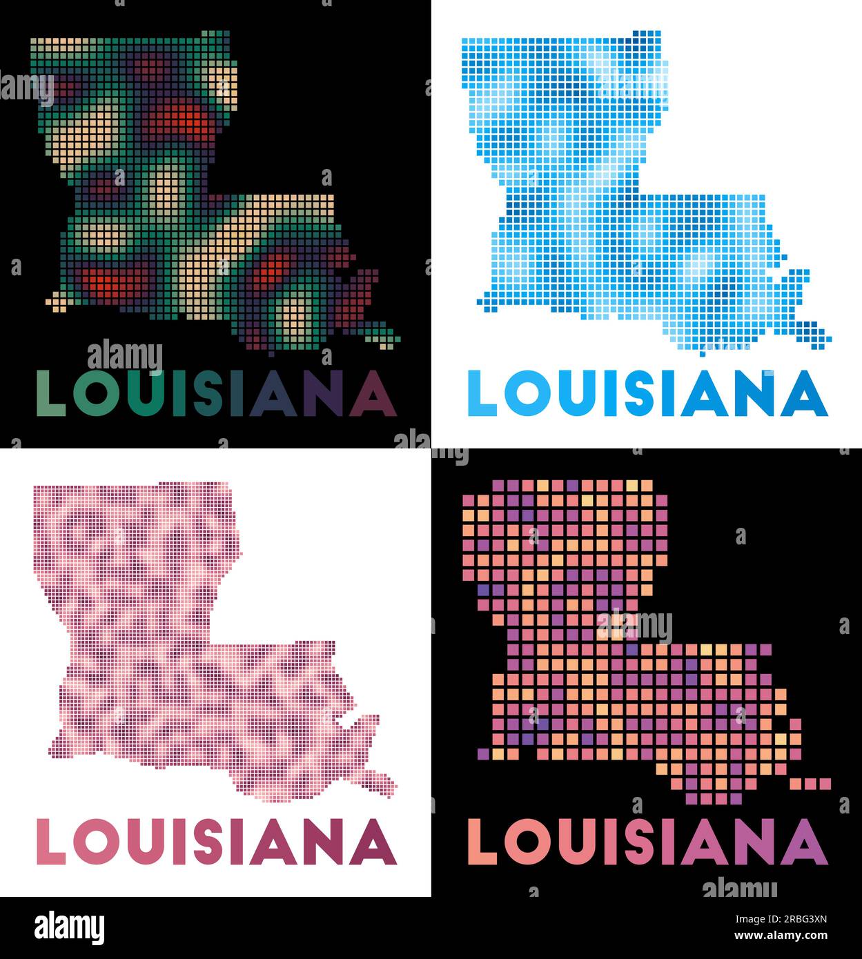 Karte von Louisiana. Sammlung von Karten von Louisiana im gepunkteten Stil. Die Grenzen des US-Bundesstaates sind mit Rechtecken für Ihre Konstruktion gefüllt. Vektorabbildung. Stock Vektor