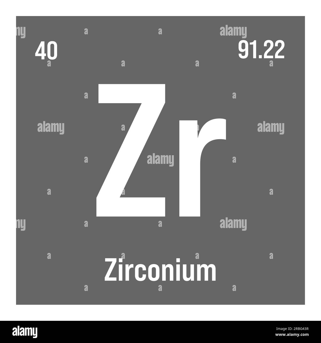 Zirkonium, Zr, Periodenelement mit Name, Symbol, Atomzahl und Gewicht. Übergangsmetall mit verschiedenen industriellen Verwendungen, z. B. in bestimmten Arten von Kernreaktoren, bestimmten Glasarten und als Bestandteil in bestimmten Legierungen. Stock Vektor