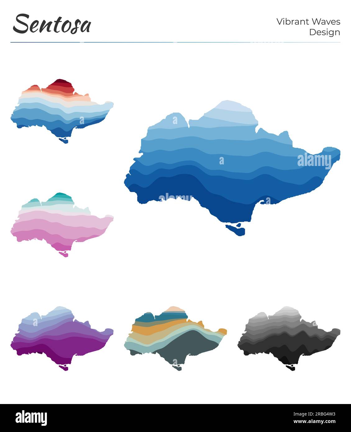Satz von Vektorkarten von Sentosa. Leuchtendes Wellendesign. Helle Karte der Insel in Form von geometrischen glatten Kurven. Mehrfarbige Sentosa-Karte für Ihr Design. Stock Vektor