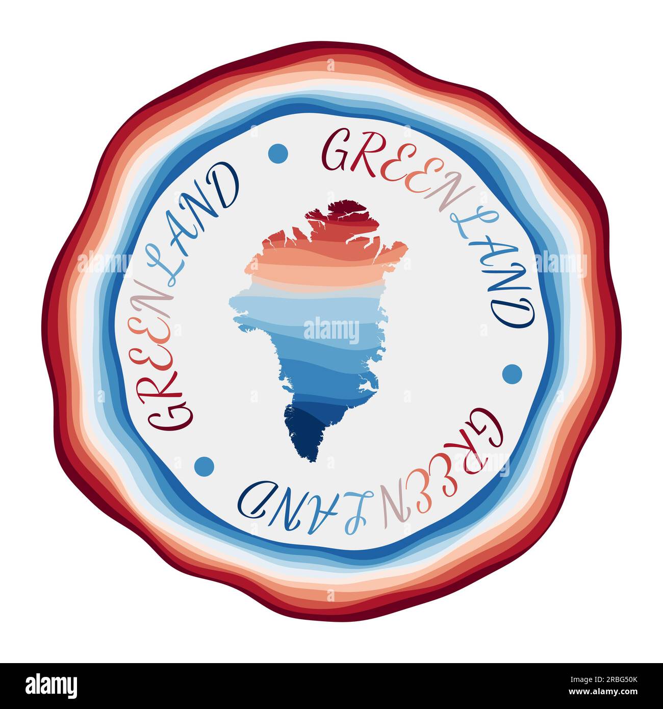 Grönland-Abzeichen. Landkarte mit wunderschönen geometrischen Wellen und leuchtendem rot-blauem Rahmen. Lebendiges rundes Grönland-Logo. Vektorabbildung. Stock Vektor