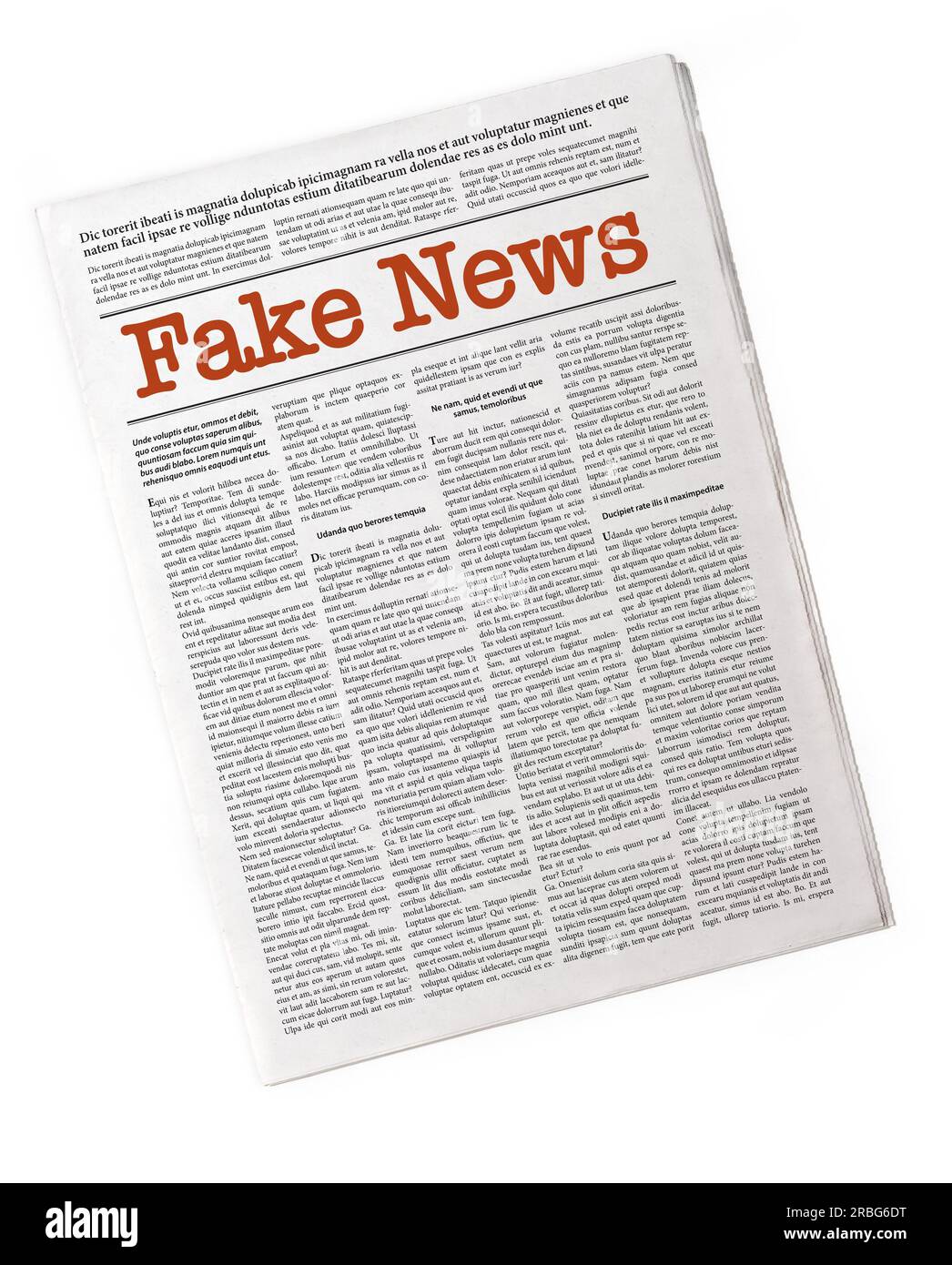 Gefälschte Zeitung, die über gefälschte Nachrichten. Fake Lorem ipsum Text, isoliert auf weißem Stockfoto