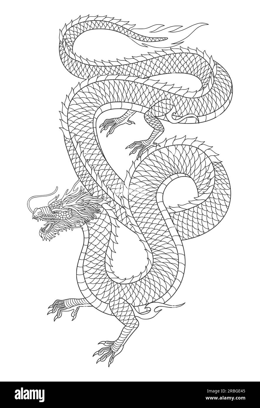 Linienkunst des japanischen Drachen isoliert auf weißem Hintergrund. vektordarstellung Stock Vektor