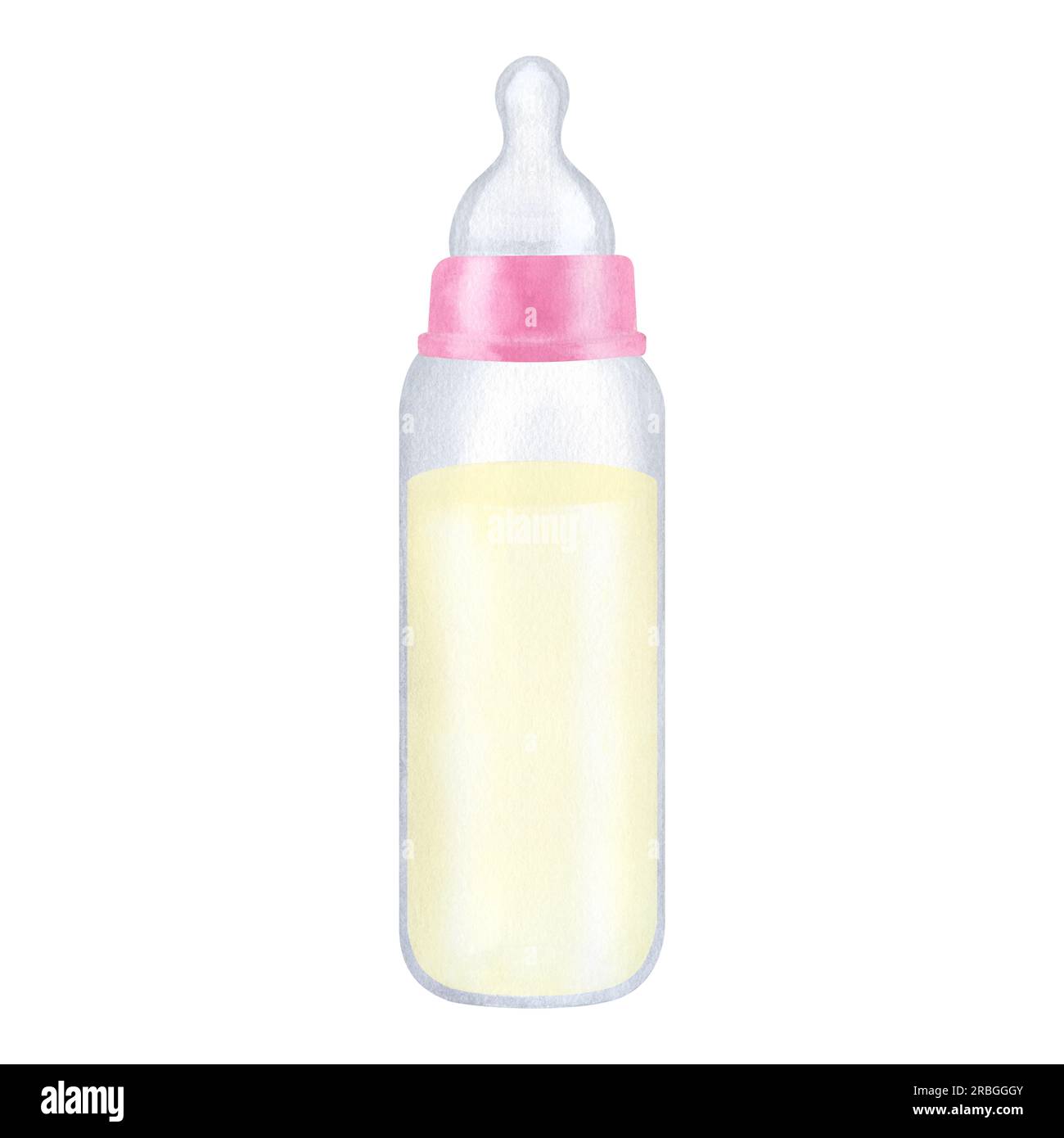 Rosa Flasche, Silikonnippel. Milchnahrung für Säuglinge. Neugeborenes Mädchen. Handgezeichnete Aquarelldarstellung isoliert auf weißem Hintergrund. Party zur Aufdeckung des Geschlechts, Stockfoto