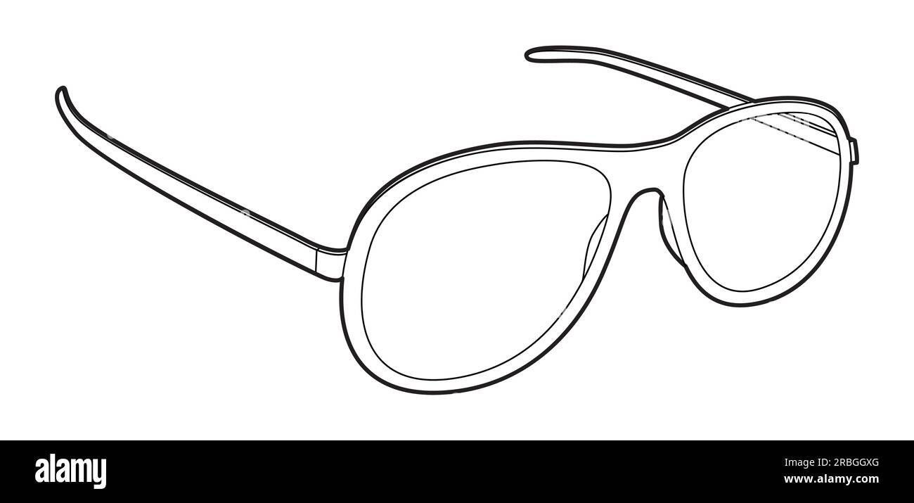 Tropfenform Brille Modeaccessoire Illustration. Sonnenbrille 3-4-Ansicht für Herren, Damen, Silhouette, Brille mit flachem Rand Brille mit Linsenzeichnung isoliert auf weißem Hintergrund Stock Vektor