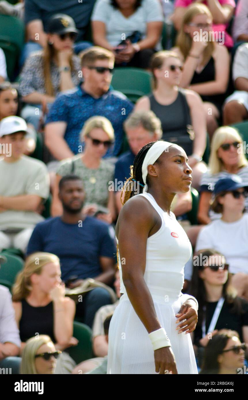 Bei den Wimbledon Championships 2023, die vom All England Tennis Club ausgerichtet werden, wurden Coco Gauff, Christopher Eubanks und Elina Svitolina vorgestellt. Stockfoto