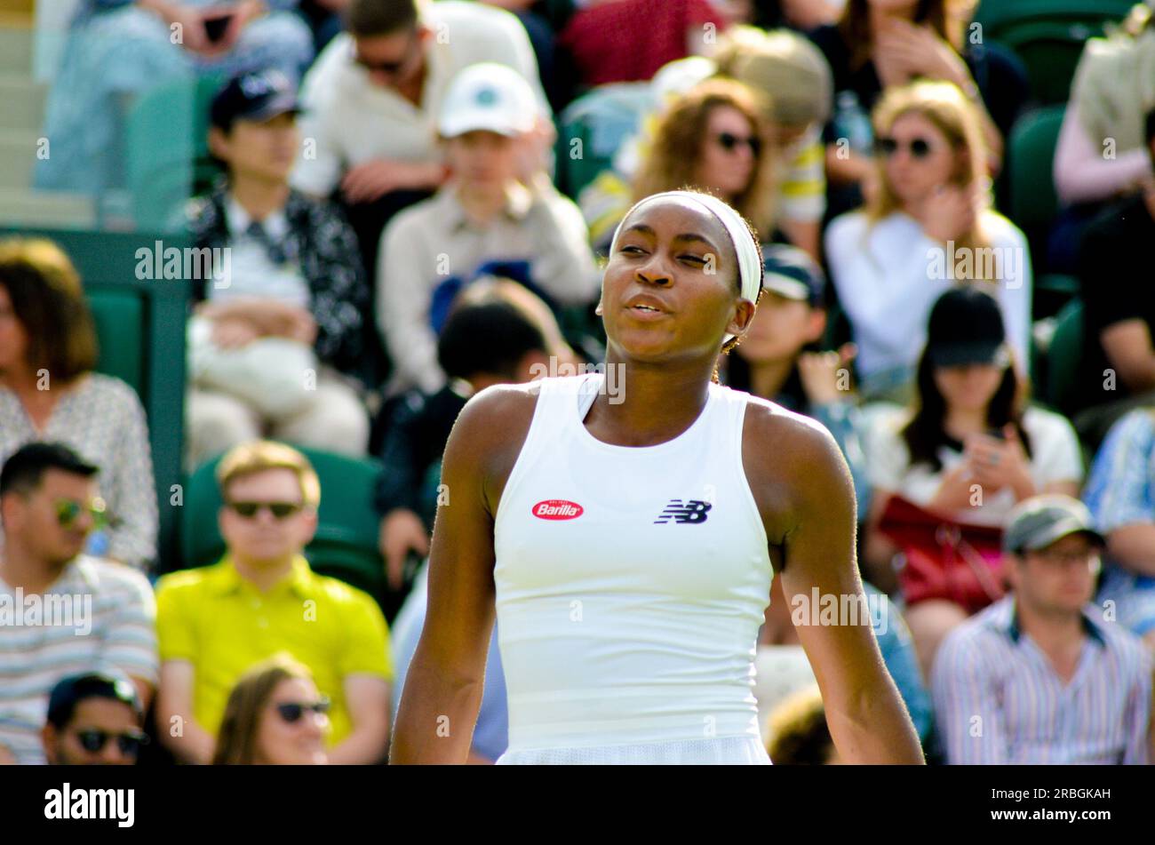 Bei den Wimbledon Championships 2023, die vom All England Tennis Club ausgerichtet werden, wurden Coco Gauff, Christopher Eubanks und Elina Svitolina vorgestellt. Stockfoto