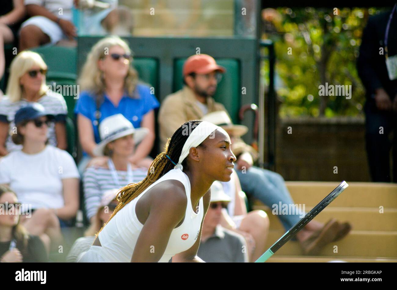 Bei den Wimbledon Championships 2023, die vom All England Tennis Club ausgerichtet werden, wurden Coco Gauff, Christopher Eubanks und Elina Svitolina vorgestellt. Stockfoto
