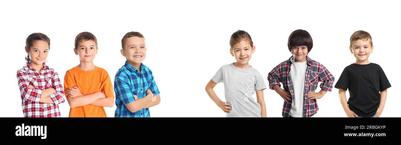 Collage mit Fotos verschiedener fröhlicher Kinder auf weißem Hintergrund Stockfoto