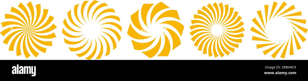Golden Curled Sunburst Circles Kollektion. Stilisierte radiale rotierende Elemente. Gelbes geometrisches Rundstrahl, Balken oder Sternenpaket. Vektorkonzeptsymbole für Banner, Abzeichen, Aufkleber, Poster Stock Vektor