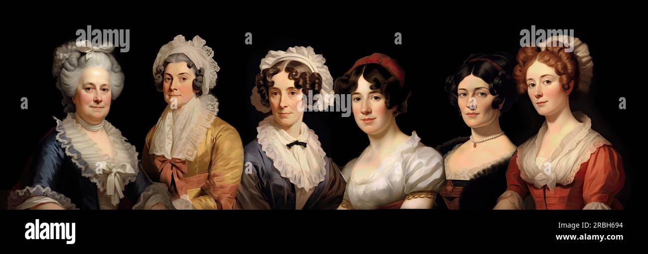 Porträts der ersten sechs First Ladies: Martha Washington, Abigail Adams, Martha Jefferson Randolph, Dolley Madison, Elizabeth Monroe, Louisa Adams. Stockfoto