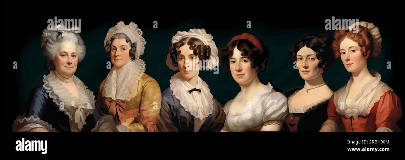 Porträts der ersten sechs First Ladies: Martha Washington, Abigail Adams, Martha Jefferson Randolph, Dolley Madison, Elizabeth Monroe, Louisa Adams. Stock Vektor