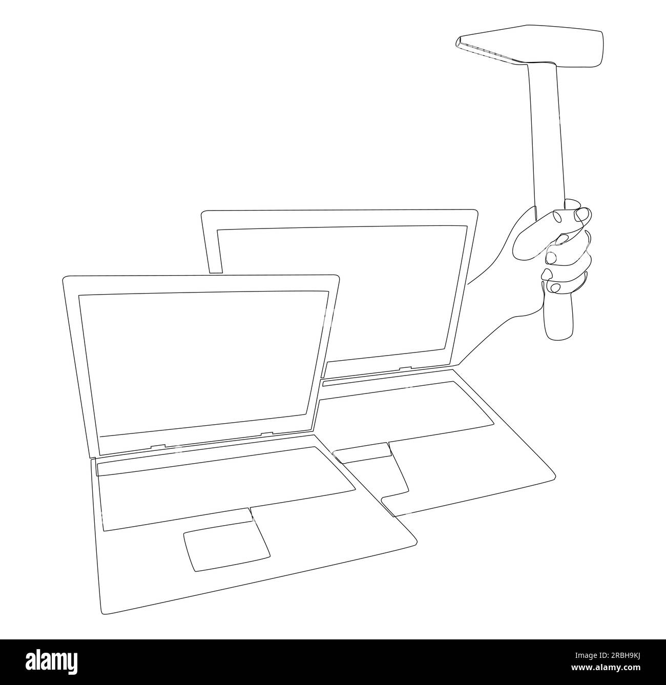 Eine durchgängige Reihe von Laptops mit Hammer. Vektorkonzept zur Darstellung dünner Linien. Kontur Zeichnen kreativer Ideen. Stock Vektor