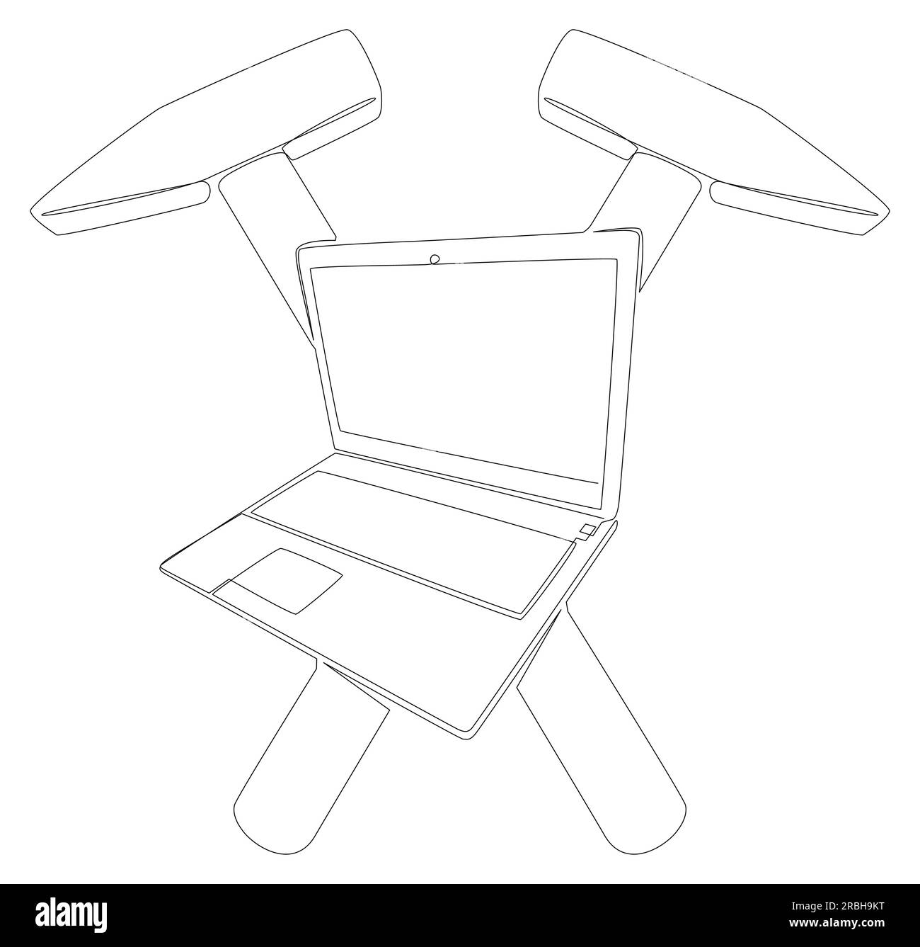 Eine durchgängige Reihe von Laptops mit Hammer. Vektorkonzept zur Darstellung dünner Linien. Kontur Zeichnen kreativer Ideen. Stock Vektor