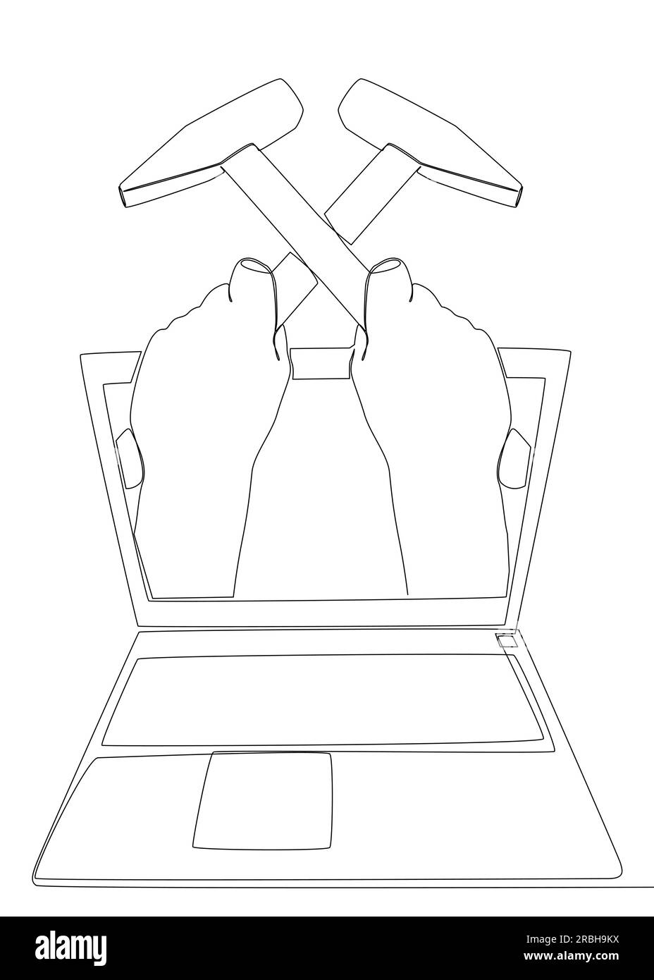 Eine durchgängige Reihe von Laptops mit Hammer. Vektorkonzept zur Darstellung dünner Linien. Kontur Zeichnen kreativer Ideen. Stock Vektor