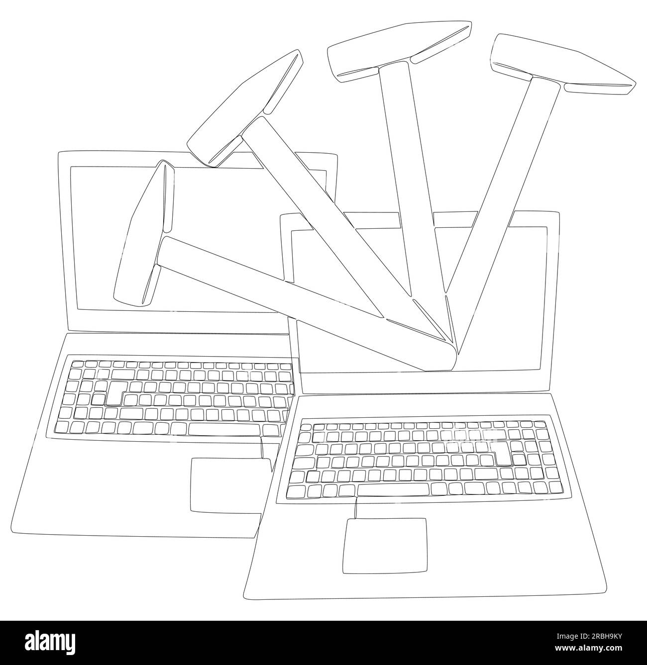 Eine durchgängige Reihe von Laptops mit Hammer. Vektorkonzept zur Darstellung dünner Linien. Kontur Zeichnen kreativer Ideen. Stock Vektor