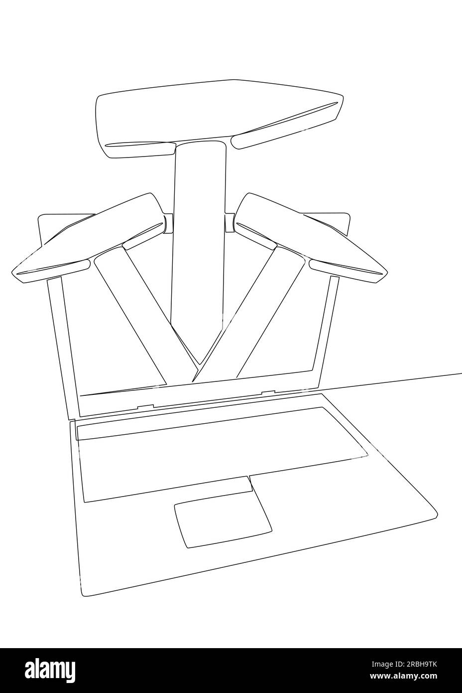 Eine durchgängige Reihe von Laptops mit Hammer. Vektorkonzept zur Darstellung dünner Linien. Kontur Zeichnen kreativer Ideen. Stock Vektor