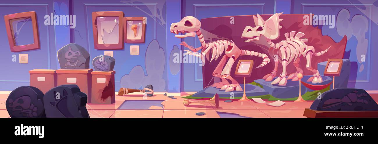 Verlassenes Museum mit Fossilien-Dinosaurier-Skelett. Chaotischer Archäologie- und Paläontologie-Raum mit Tyrannosaurus-Fußabdruck, Triceratops-Schädel und Ammonitstein. Zerbrochenes Inneres in der prähistorischen Galerie Stock Vektor