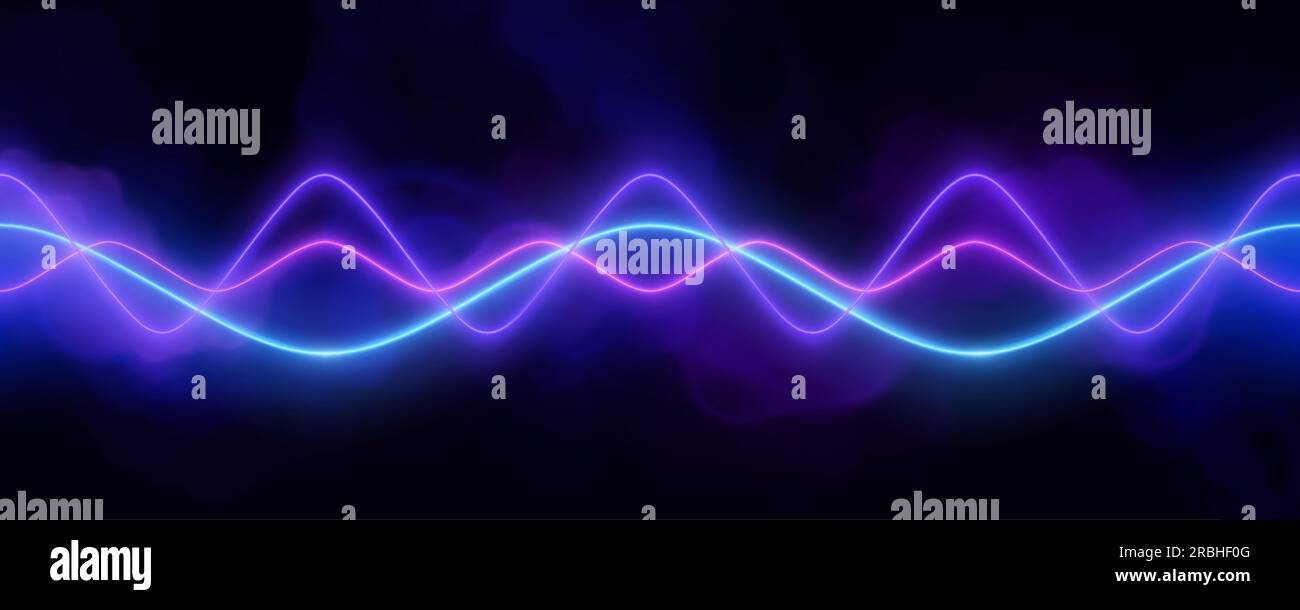 Blaues Neon-Audio-Signal Stimmwellen-Impulslicht. Abstrakter Radio-elektronischer Frequenzvektoreffekt-Hintergrund. Lebendige Equalizer-Wellenform mit Rauch und verschwommener Kurvendarstellung. Stock Vektor