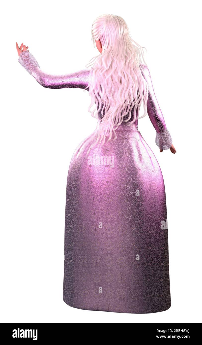 Märchenhafte Prinzessin mit langem weißem Haar trägt lila Ballkleid, Illustration 3D. Stockfoto