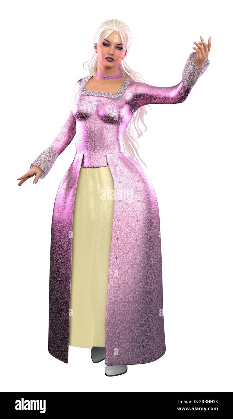 Märchenhafte Prinzessin mit langem weißem Haar trägt lila Ballkleid, Illustration 3D. Stockfoto