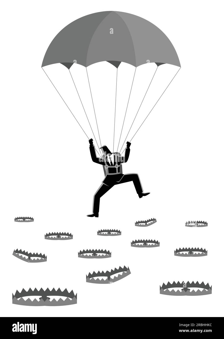 Geschäftskonzept Illustration eines Geschäftsmannes mit Fallschirm in Boden voll mit Bärenfallen Stock Vektor