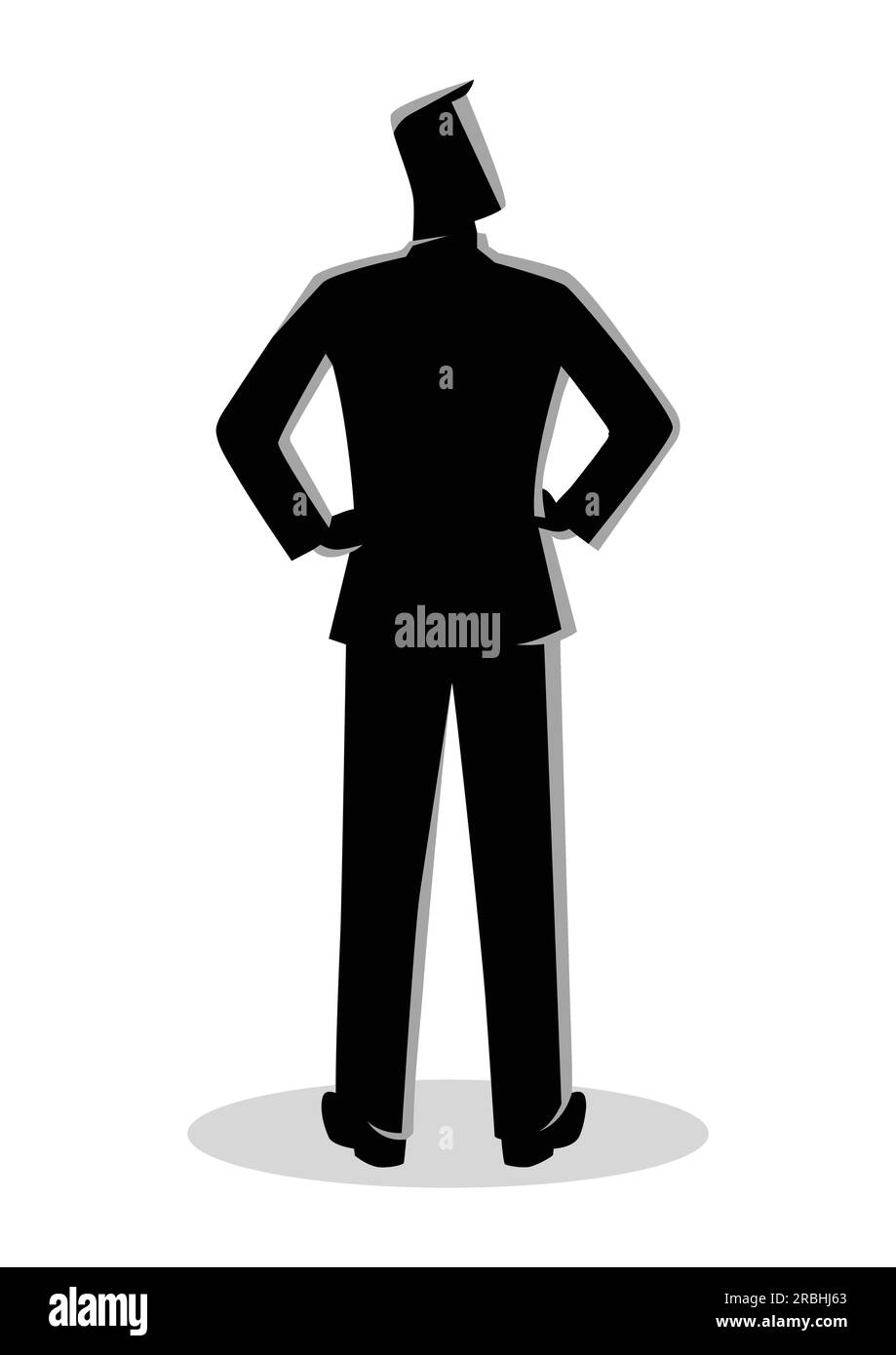 Business-Illustration aus der Rückansicht einer männlichen Figur in formellen Anzug stehen mit seinen Händen akimbo Stock Vektor