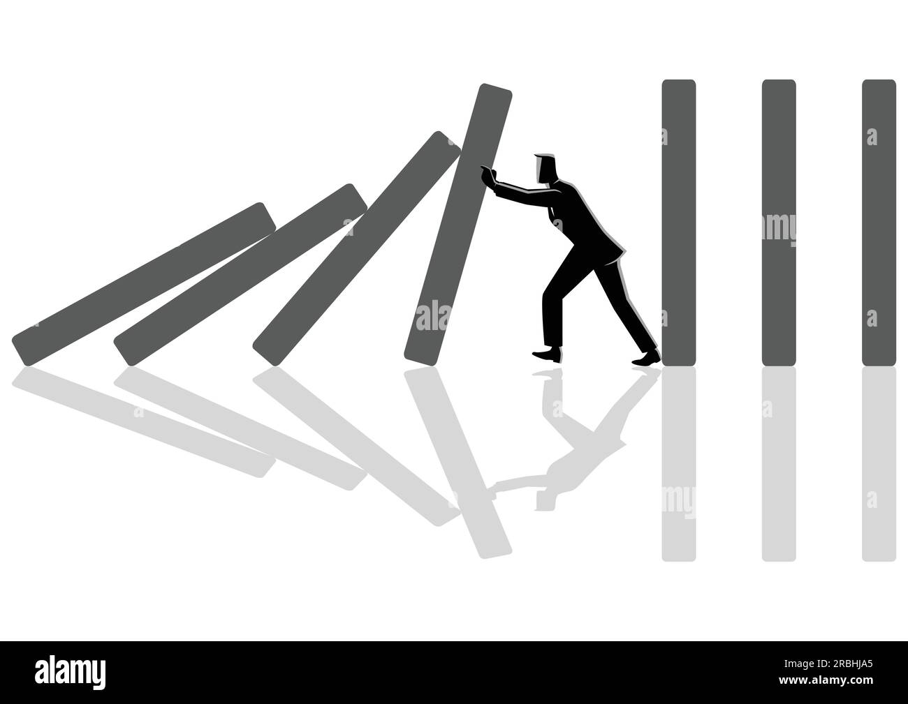 Business Concept Vektor Illustration eines Geschäftsmannes versuchen, zu stoppen domino-Effekt Stock Vektor