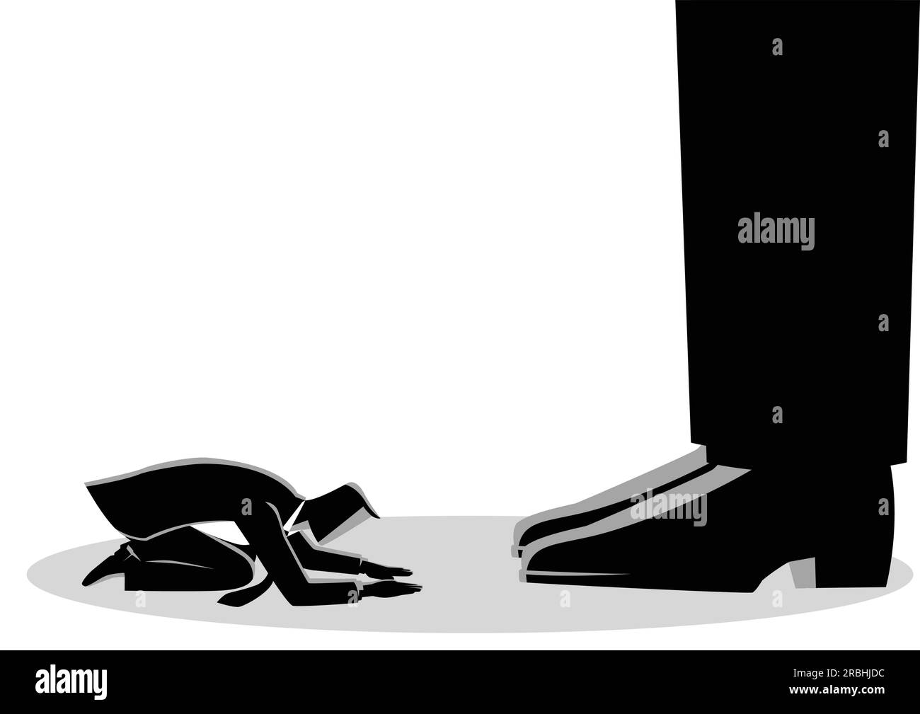 Geschäftskonzept Illustration eines Geschäftsmannes knien unter riesigen Füßen. Konzept für Autorität, Diktator Figur Stock Vektor