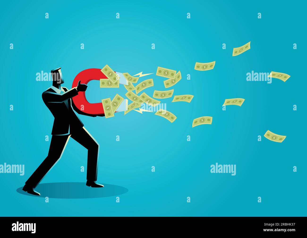 Business Concept Vektor Illustration von Geschäftsmann zieht Geld mit einem Großer Magnet Stock Vektor