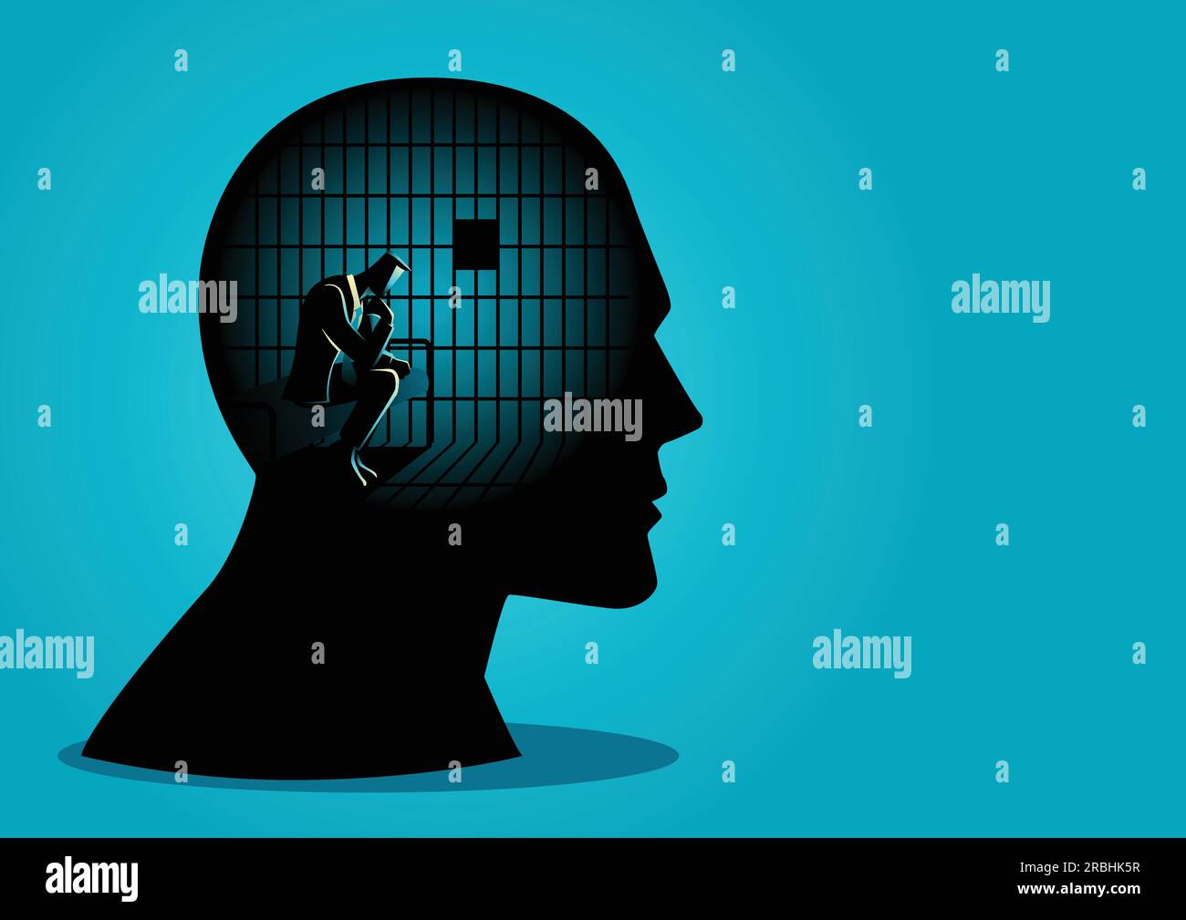 Business Concept Vektor Illustration eines Geschäftsmannes im menschlichen Kopf sein im Gefängnis, Kampf, Mangel an Kreativität, Einschränkungen auf die Freiheit von obwohl Stock Vektor