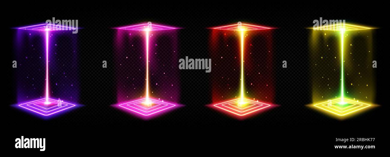 3D Hologramm quadratisches Neon-Lichteffekt-Spielportal. Stufenrahmen für Scifi-Teleport-Konzept in Pink, Gelb, Violett und Rot. Abstraktes vr-Interface-Vektor-Magic-hud-Gate Stock Vektor