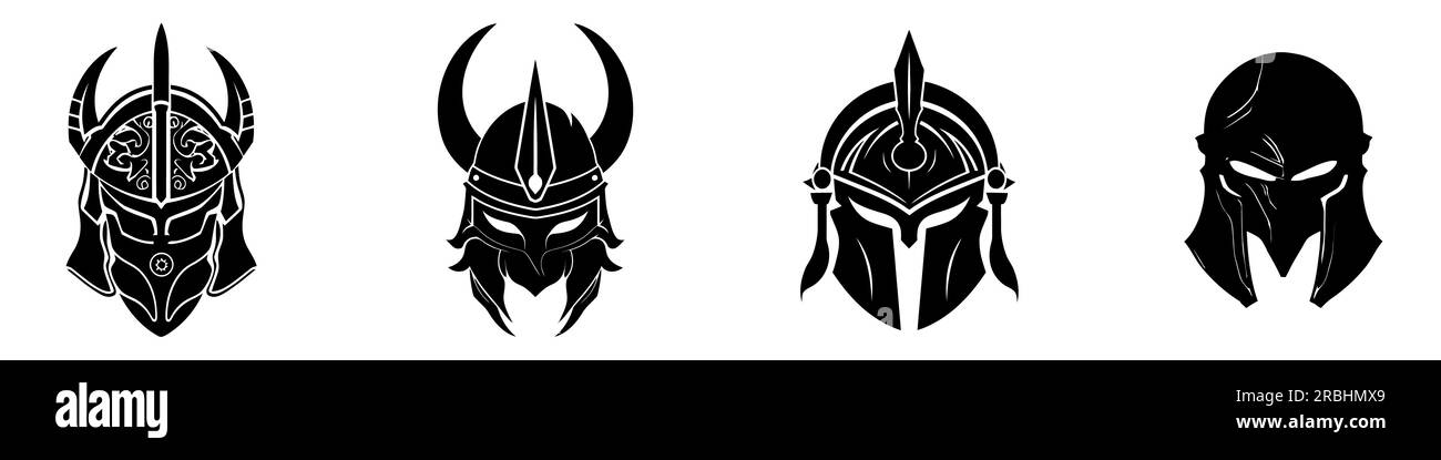 Helm eines Kriegerritters. Schwarze Symbole von Helmen von Soldaten oder Kriegern. Vektordarstellung Stock Vektor
