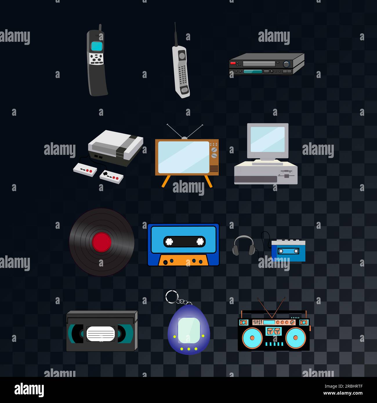 Ein Set aus alten Geräten der Retro-Elektronik, Audiorecorder, Set-Top-Box, Vinyl, Kassetten, Fernseher, Computer auf einem durchsichtigen dunkelgrauen Hintergrund aus Quadrat Stock Vektor
