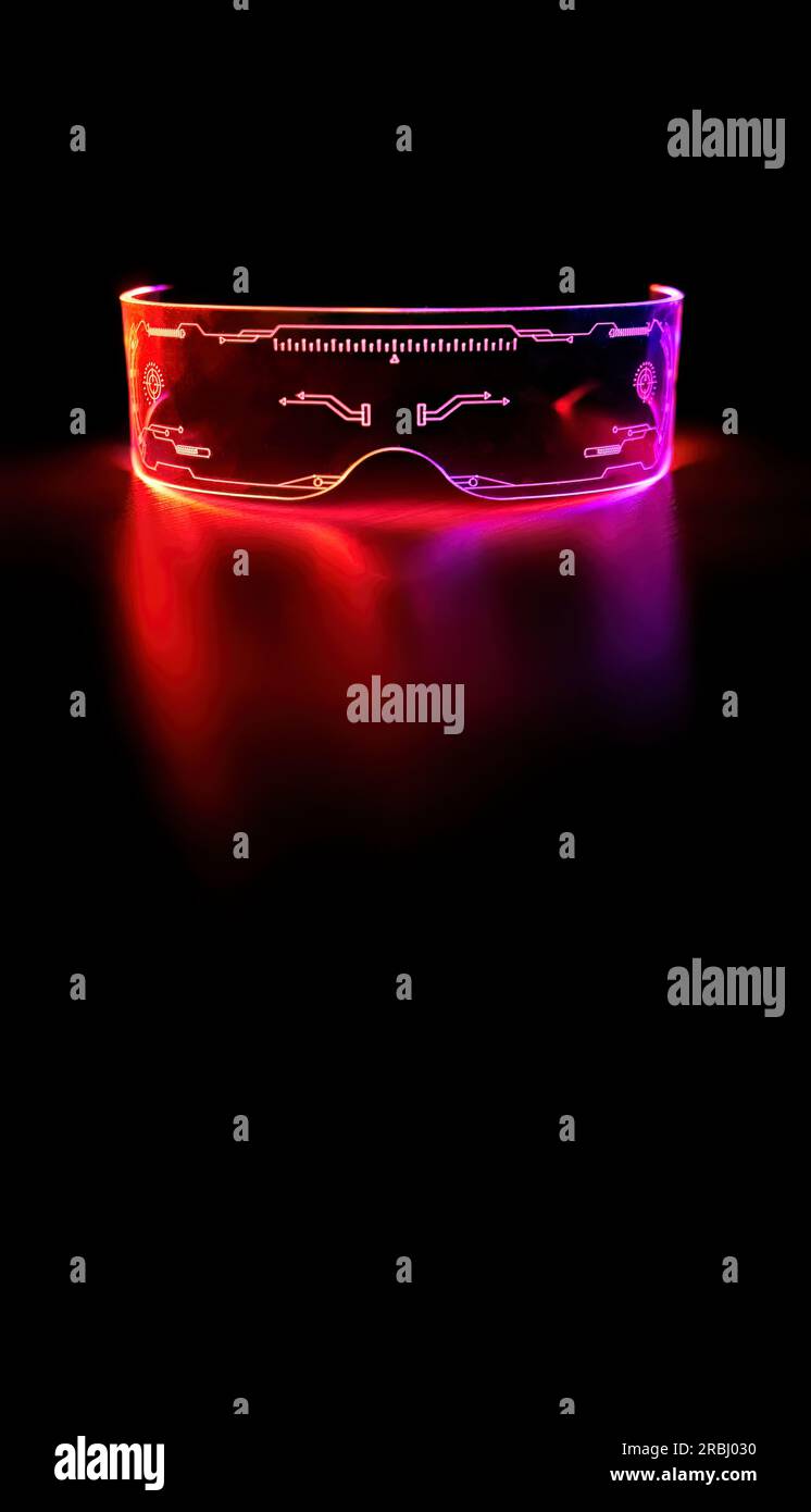 Vertikales Bild, Brille für Nahaufnahmen farbenfrohes Neonlicht, futuristisches digitales Innovationskonzept, leuchtet im dunklen Hintergrund, Cyber-Gerät, Game Head Stockfoto