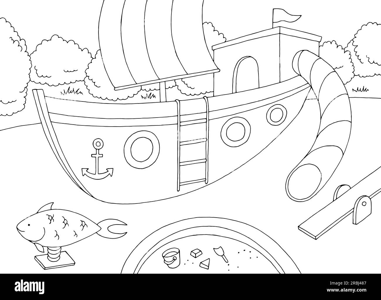 Spielplatz Schiffsgrafik schwarz-weiß Landschaftszeichnung Vektor Stock Vektor