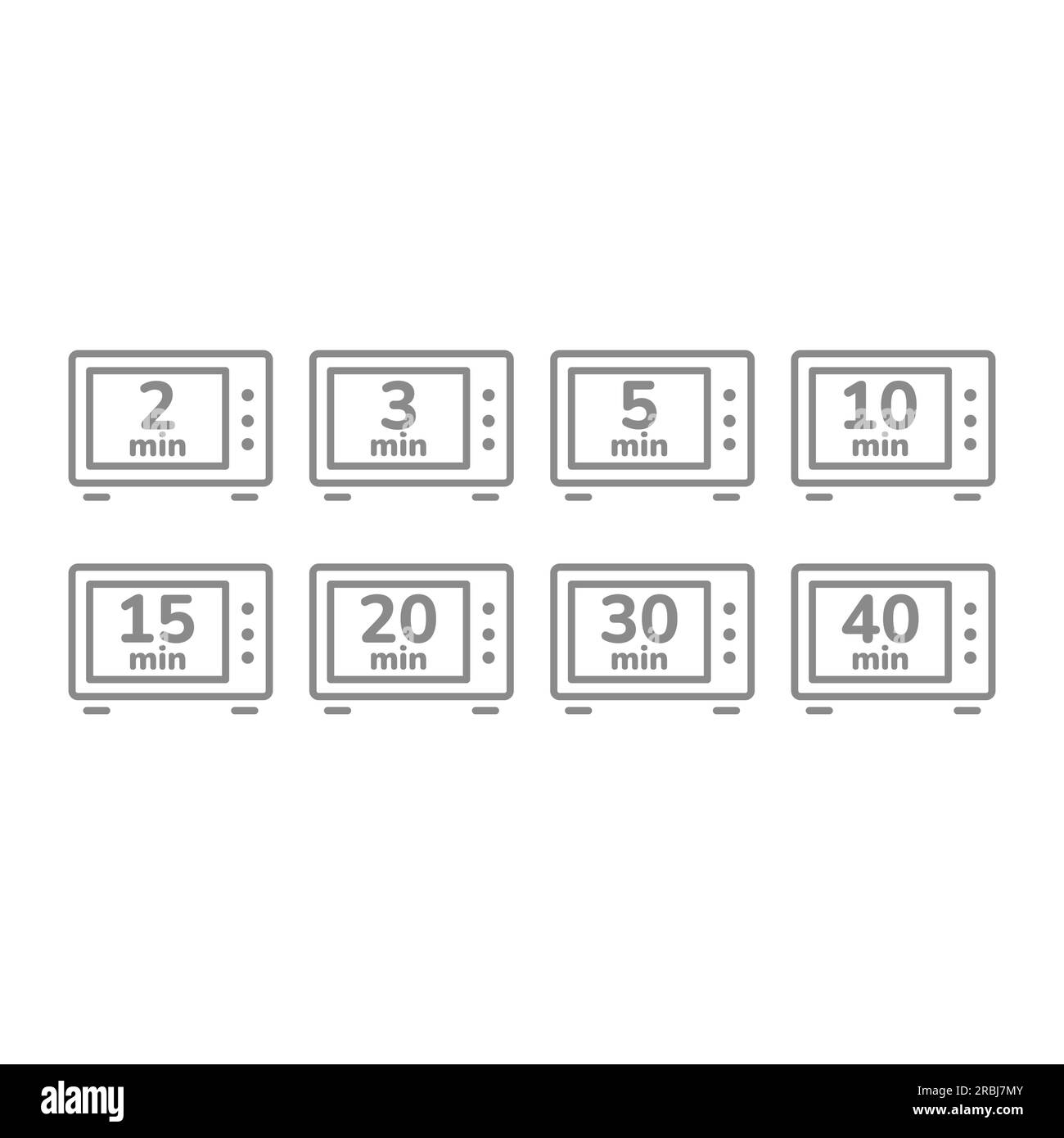 Vektorsymbole für die Kochzeit. Mikrowelle für 5 Std., 10 Min., Satz mit Zeilensymbolen. Stock Vektor