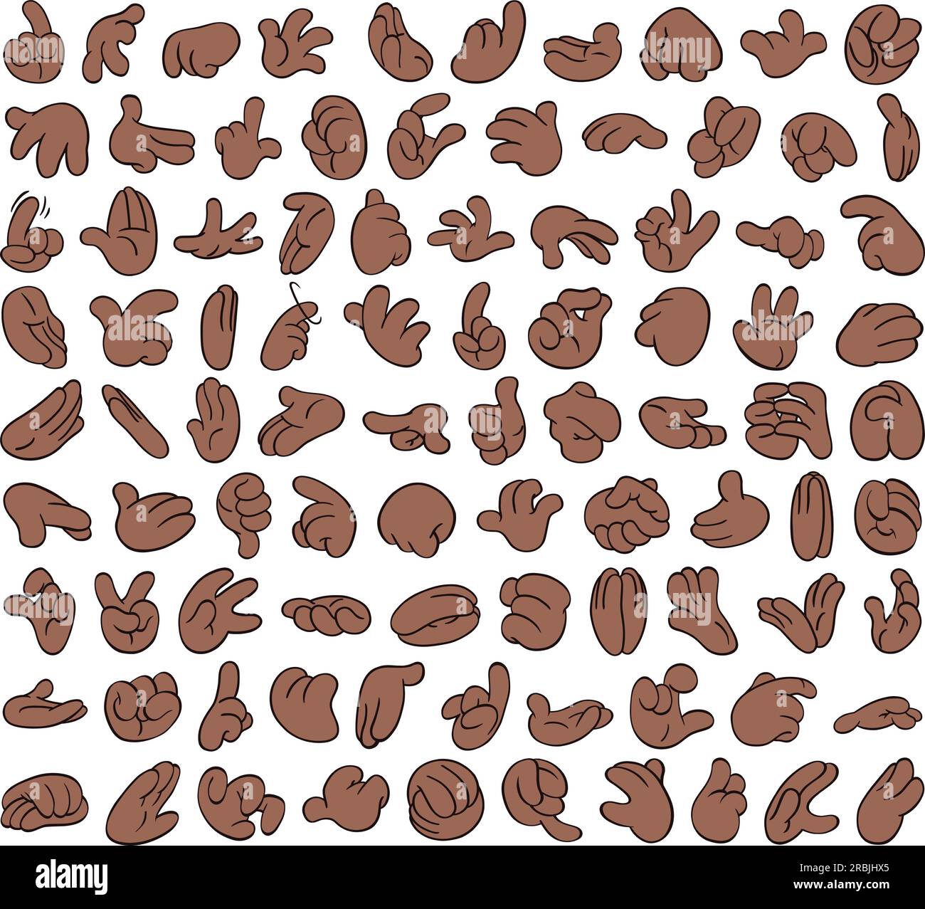 Große schwarze Zeichentrickhände in verschiedenen Gesten. Pack Nummer 1. Stock Vektor