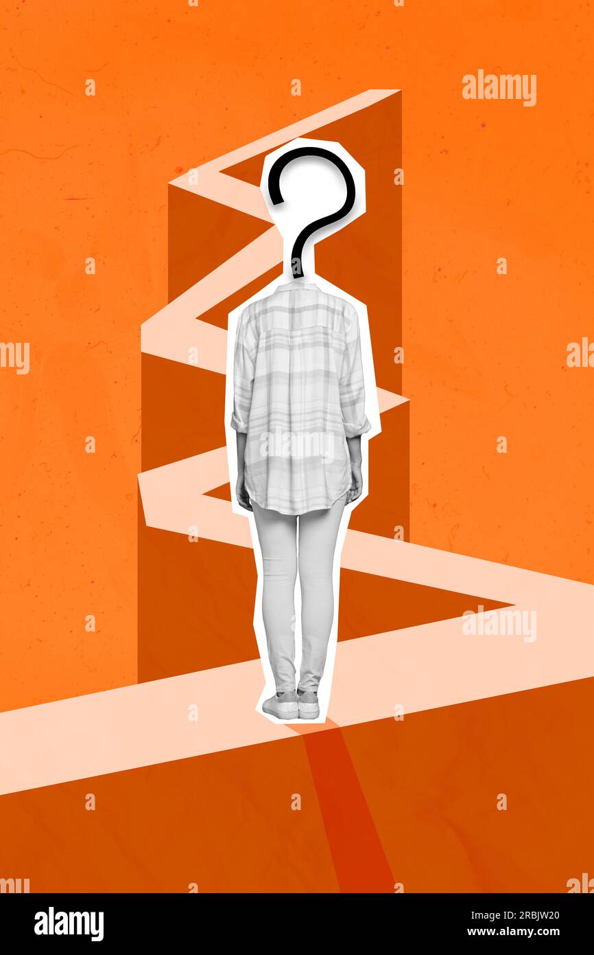 Vorlage Creative Collage Pinup Bild von kopflosen surrealen, ungewöhnlichen Fragezeichen Symbol absurde Zweifel isoliert auf orangefarbenem Hintergrund Stockfoto