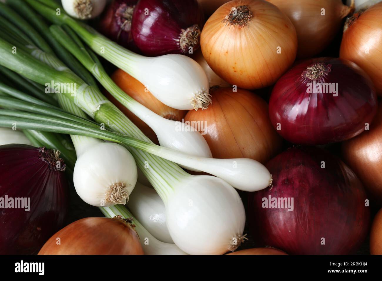 Verschiedene Zwiebelsorten als Hintergrund, Draufsicht Stockfoto