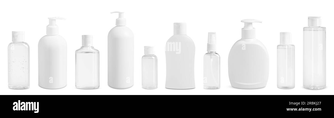 Set von Kosmetikflaschen mit Hautpflegeprodukten, isoliert auf weiß Stockfoto