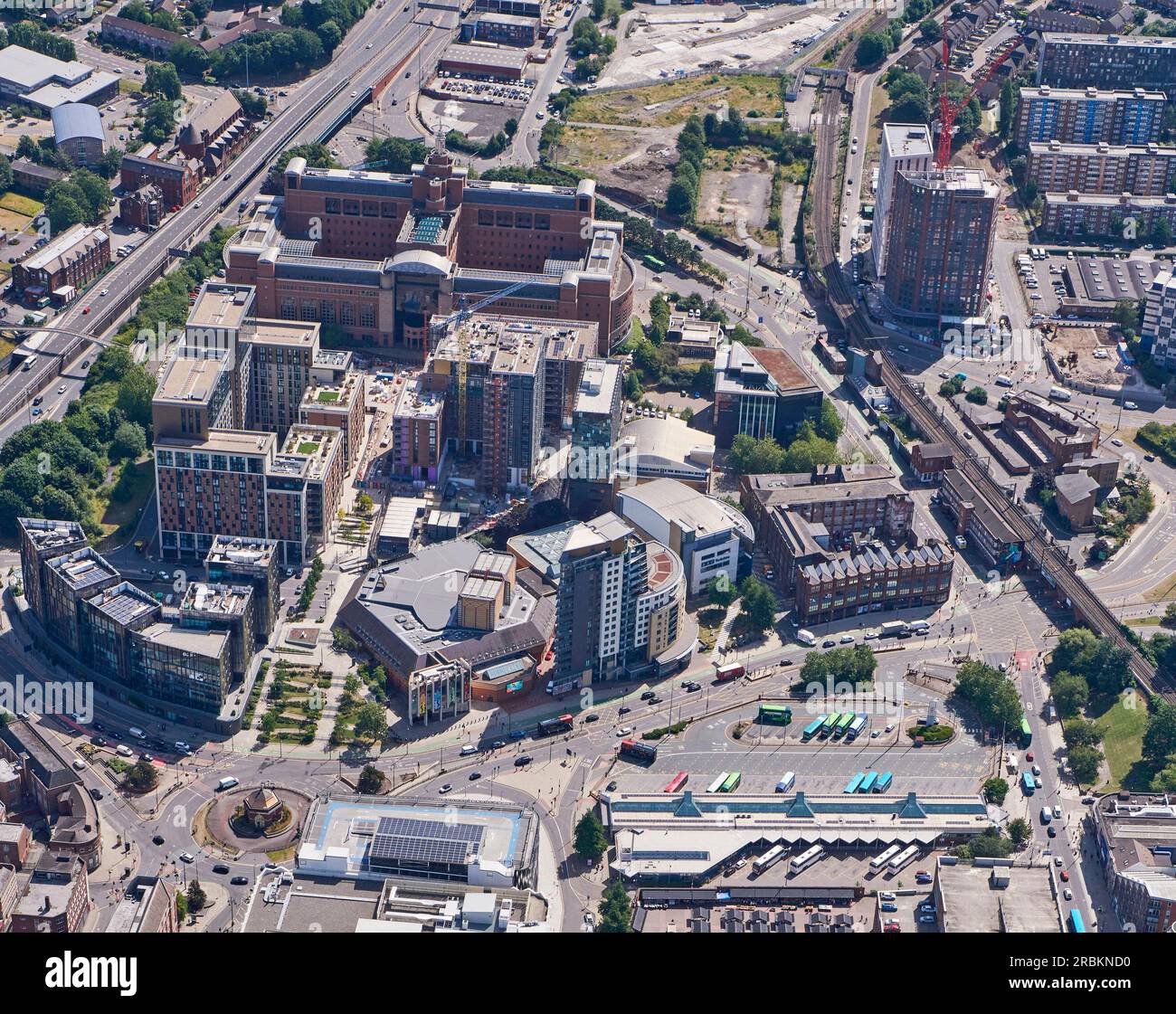 Ein Luftfoto von neuen Entwicklungen in Quarry Hill, East Leeds City Centre, West Yorkshire, Nordengland, Großbritannien Stockfoto